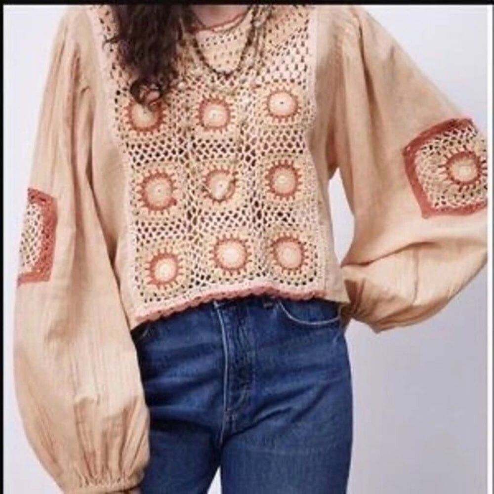 Zara Linen Blend Crochet Granny Square Patches Balloon Sleeves Blouse XS